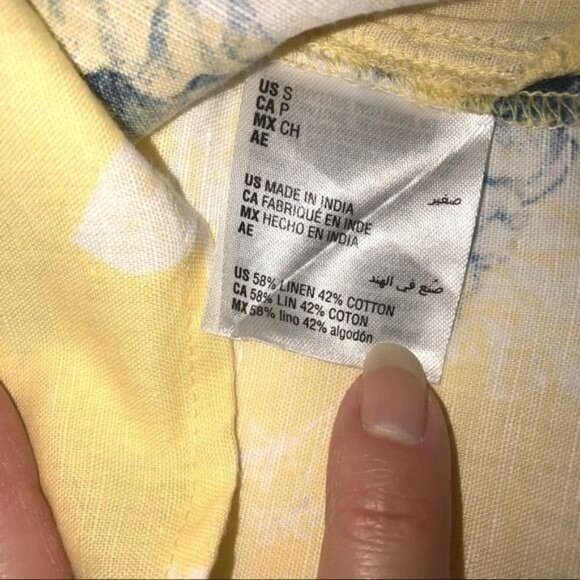 Charter Club Size S Linen Button Front Floral Blue Print Yellow Long Sleeve - Picture 8 of 8